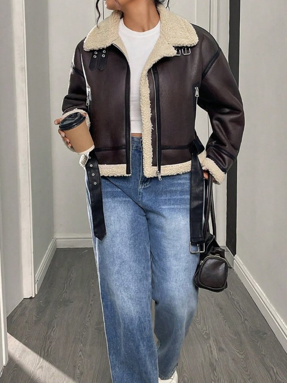 Brown Casual Women's Faux Lamb Fur Faux Leather Short Jacket - Picture 6 of 6